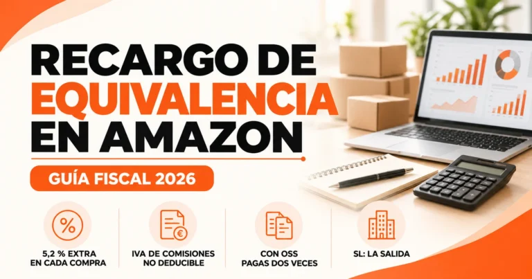 Recargo de equivalencia Amazon: portada con el titular, el claim guía fiscal 2026 y cuatro claves: 5,2 % extra en cada compra, IVA de comisiones no deducible, con OSS pagas dos veces y la SL como salida