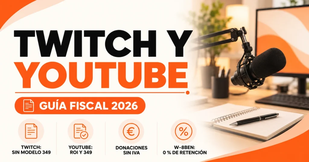 Asesoría fiscal para Twitch y YouTube en 2026: modelo 349, ROI, IVA de donaciones y formulario W-8BEN