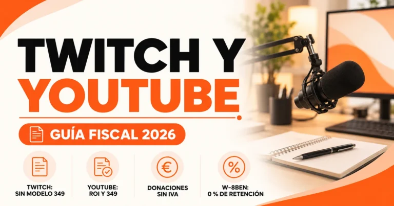 Asesoría fiscal para Twitch y YouTube en 2026: modelo 349, ROI, IVA de donaciones y formulario W-8BEN